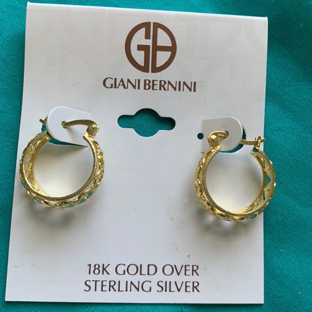 18k gold over Sterling silver hoop pierced earrings secure clasp good quality